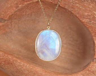 Large rainbow moonstone necklace - crystal necklace - june birthstone - a gold bezel rainbow moonstone on a 14k gold filled chain