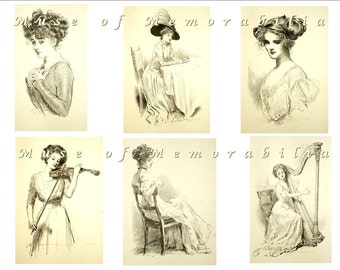 GIBSON GIRLS Digital Download Black and White Collage Sheet 1 - Violin, Harp, Music - Charles Dana Gibson