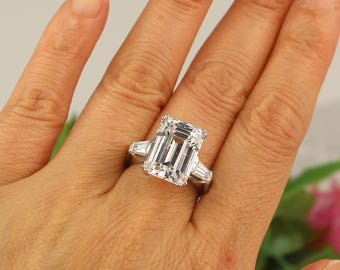 8 Carat Emerald Cut Ring, Huge Engagement Ring, 3 Stone Ring, 8 Carat promise ring, Emerald Cut Cubic Zirconia & sterling, Diamond Stimulant