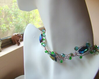 Emerald Green Glass Crochet Wire Necklace Green and Copper Beaded Necklace Crochet Wire Jewelry Boho Necklace - CR0053