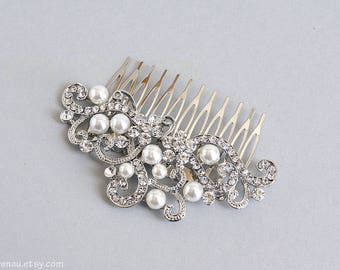 Boda peine peine pelo nupcial Swarovski peine del pelo blanco perla rhinestone Swarovski cristal boda plata de pelo peine peine de filigrana