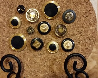 12 Decorative Black and Gold Vintage Button Push Pin Tacks