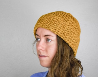 Classic knit beanie, merino wool hat, mustard yellow hat, womens beanie, mens beanie, fishermans hat, folded brim hat, cuffed beanie