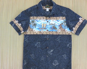 Black Hawaiian Shirt HAWAIIAN RESERVE COLLECTION Turtle Tribal Aloha Shirt Outrigger Surfer 100% Cotton Camp Men - M- Oahu Lew's Shirt Shack