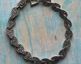 Vintage Sterling Silver Marcasite Bracelet 7 inch