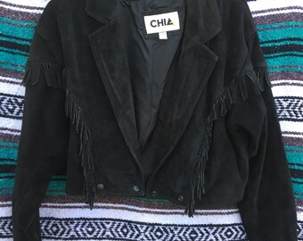 Vintage Black Cropped Leather Fringe Jacket