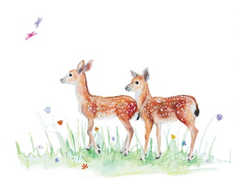 Deer and butterflies in field greeting card (blank inside)
