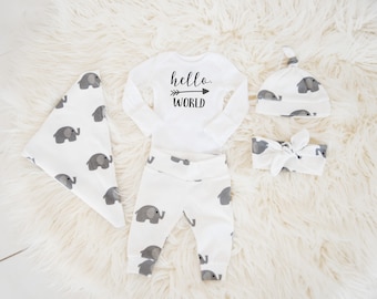 Gender Neutral Coming Home Outfit Baby Boy Baby Girl Coming Home Outfit: Organic Cotton Elephant Pants, Knot Hat, Hello, World Name Bodysuit