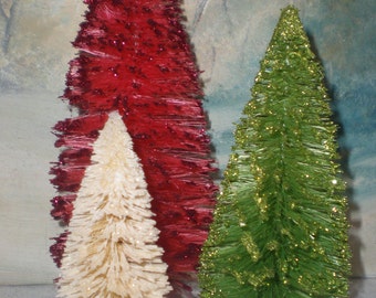 Traditional Christmas sisal tree Trio: Red, green, White bottle brush trees
