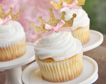 Tiara Cupcake Toppers 12CT. Handcrafted in 2-5 Business Days. Pink and Gold Birthday Party Decorations.