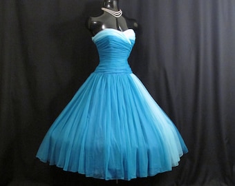 Vintage 1950's 50's 50s Strapless BLUE Turquoise Ruched CHIFFON Organza Wedding Prom Party DRESS