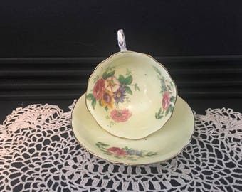 Vintage Paragon Fine Bone China Yellow Tea Cup and Saucer- Multi-Flowered Design- Gold Trim