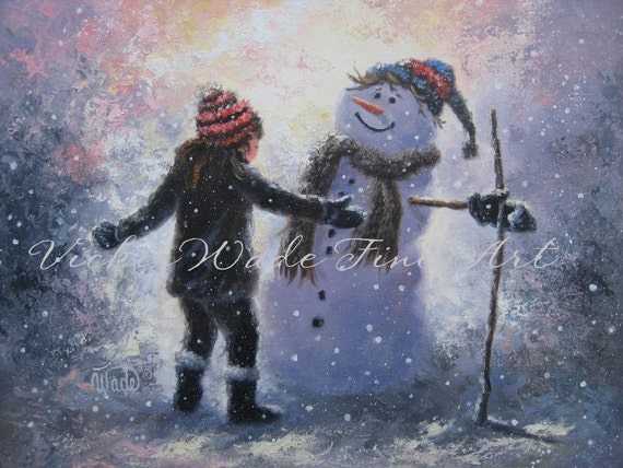 Snowman and Girl Art Print winter paintings snow kids