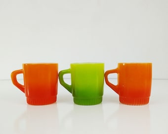 Orange & Green Fire King Mugs / Vintage Coffee Cups, Set of 3