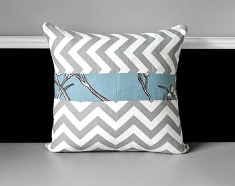 Pillow Cover - Grey Chevron, Blue Floral