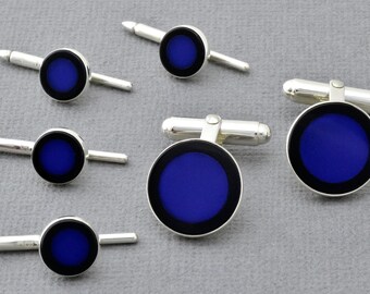 Cuff links and tuxedo studs in sterling lapis & onyx