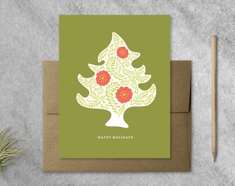 Boxed Set of 8 Folk Christmas Tree Cards with Kraft Envelopes, Otomi