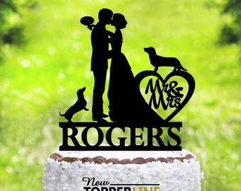 Wedding cake topper with dogs,cake topper + dogs,silhouette cake topper for wedding with pets,bride and groom cake topper with dogs (2137)