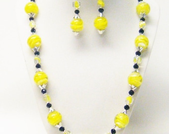 Large Round Yellow Swirl Lamp Work Glass Bead Necklace/Earrings
