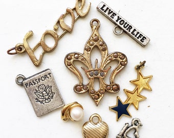 distressed gold tone silver tone metal LIVE YOUR LIFE visit Paris and fall in love craft lot destash for repurposing--mixed lot of 8 items