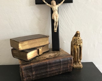 Wall Crucifix vintage ebony wood and white religious farmhouse style decor