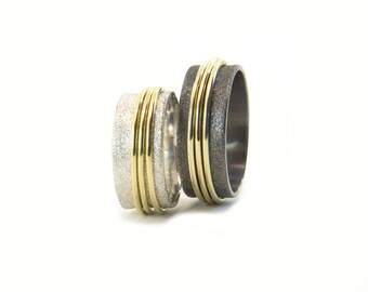 Weddingband set Sterling Silver and Gold 14K, black rhodium ring
