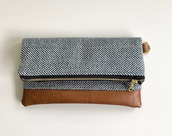 Ready to ship! Blue herringbone foldover clutch with brown faux leather
