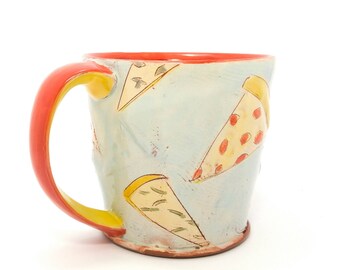 Puffy Pizza themed Earthenware mug. Wheel thrown, food safe mug by Kaitlyn Brennan/Brennan pottery. This is a big mug perfect for coffee