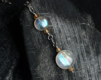 Moonstone Necklace - Moonstone Jewelry - Rainbow Moonstone Necklace - Sterling Silver Necklace - Hessonite Garnet - CircesHouse