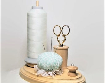 The "Thready", Wooden Spool Holder with Mint Green & White Pincushion, Thread Holder, Scissor Holder, Thread Stand, Bobbin Holder