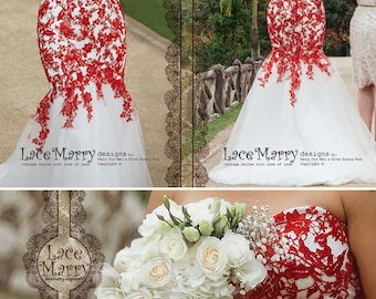 Red Lace Wedding Dress with Ivory Tulle, Strapless Sweetheart Neckline and Fit & Flare Mermaid Skirt with Train - Red and White Bridal Gown