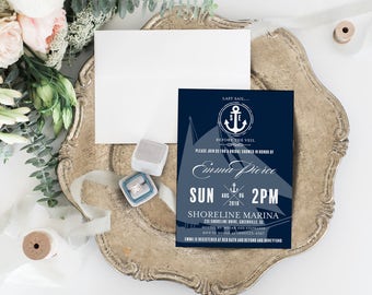 Nautical Bridal Shower Invitation - Printable Editable PDF 5x7 Invites Adobe Reader - Navy & White Boat and Anchor - 0001-N2