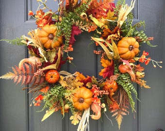 Pumpkin Wreaths, Fall Pumpkin Wreath, Fern Wreath, Fall Wreaths, Fall Door Wreath, Fall Decor, Fall Door Decor, Pumpkin Wreath, Fall Door