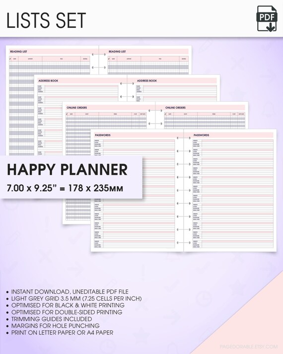 Lists printable happy planner inserts address book bucket