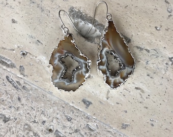 Silver Plated Brown/White/Black Titanium Druzy Geode Earrings