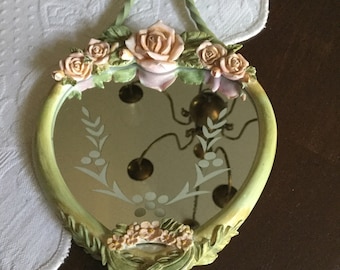 Green Distressed Tracy Porter Metal Heart Shaped Glass Wall Hanging/Mirror with Pink Roses