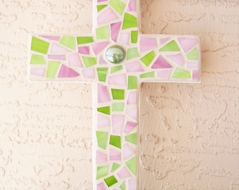 Large Wall Cross Decorative Cross Wall Hanging Cross Stained Glass Mosaic Cross Mosaic Art Pink and Green Cross Religious Gift for Her