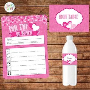 Valentine's Day Bunco Score Sheet Cards with Pink Hearts- Table Signs and Water Bottle Labels Included