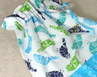 Travel Shoe Bag, Lingerie, Aqua, LIme, Turquoise, Birds, Drawstring, Set of 2, Cotton bag, Reusable, Shoe Storage