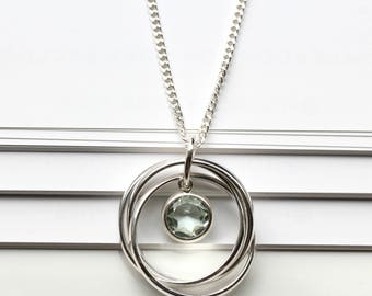 Aquamarine Necklace Silver - 3 Rings Silver Necklace - March Aquamarine Birthstone Necklace - 30th Birthday Mother's Day Gift - C14
