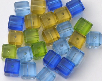 Pressed Glass Cube Beads, Mixed Square Glass Beads, Set of 25 Beads, Glass Beads