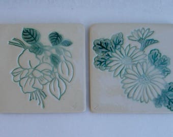 Ceramic Coasters, Hand Built set of Two, Fuchsia and Mums