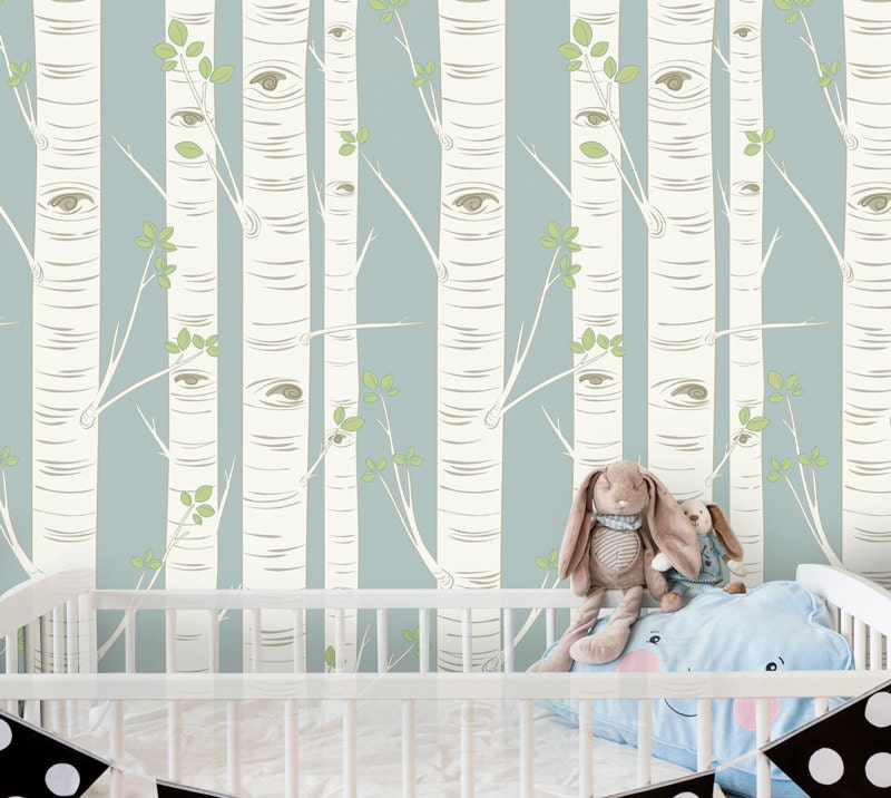 Birch Tree Wallpaper in Blue Self Adhesive Wallpaper Easy