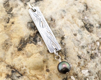 Leaf bar pendant with pearl drop, rectangular metal clay jewelry, nature, Irina Miech