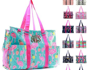Monogrammed Large Beach Bag Organizing Utility Tote Diaper Personalized Monogram Name Embroidered Seahorse Owl Arrow Camo Whale Pink Blue