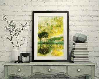 Abstract Trees Reflected on Water, Lemon Yellow and Lime Green Shades, Calm Abstract Art, Watercolor, Printable, Home Decor Wall Art