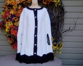 Handmade black and white knit vintage fringed poncho