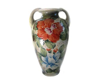 Antique Art Pottery Urn Vase Hand Painted Floral Motif Moriage