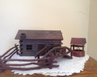 Wonderful vintage Bachman Bros. Plasticville USA Log Cabin & Rustic Fence with Wishing Well and Bridge