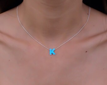 Opal necklace, opal letter necklace, opal silver necklace, opal jewelry, blue opal necklace, blue opal initial necklace, October birthstone